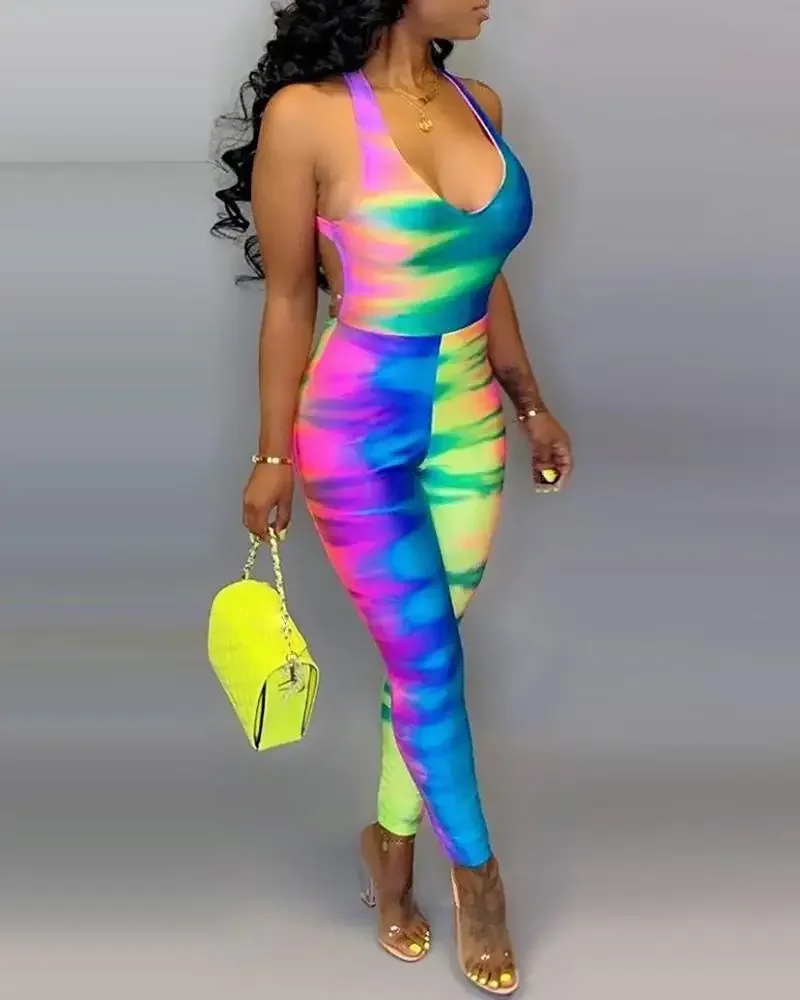 Sexy Jumpsuit with Tie Dye Print Fashion Summer Daily High Style Form-fitting Casual Sleeveless Backless V-neck