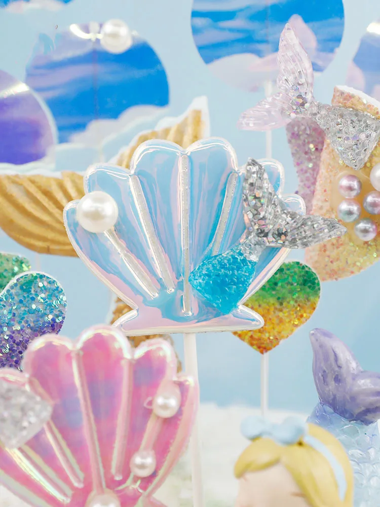 Mermaid Tail Ocean Cake Topper Scallop Bow Pearl Children Baby Birthday Dessert Cupcake Silicone Baking Tool Decoration Supplies