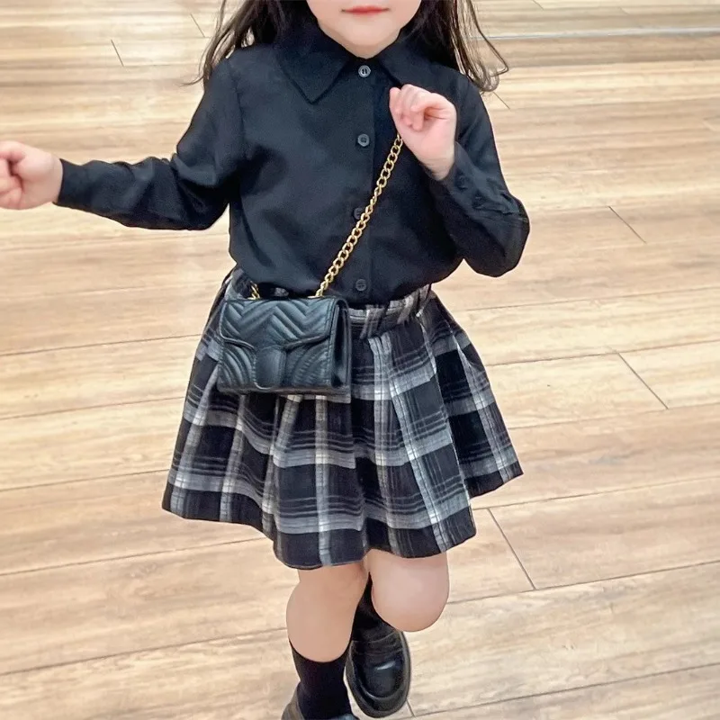 Children's Clothing Shirt Spring Autumn Fashionable Silky Black Single Breasted Long Sleeved Shirt Plaid Skirt