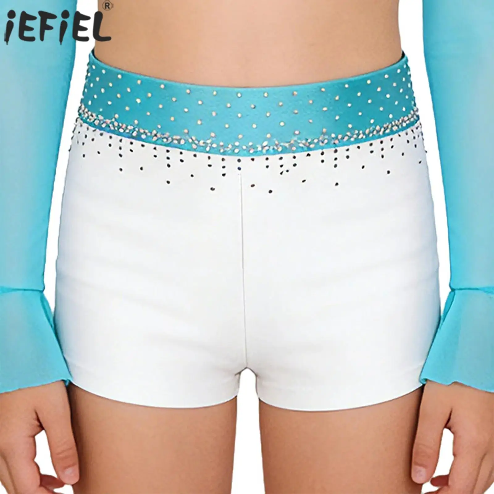 Kids Girls Gymnastics Shorts Shiny Rhinestones Ballet Dance Figure Skating Costume Elastic Waistband Color Block Athletic Pants