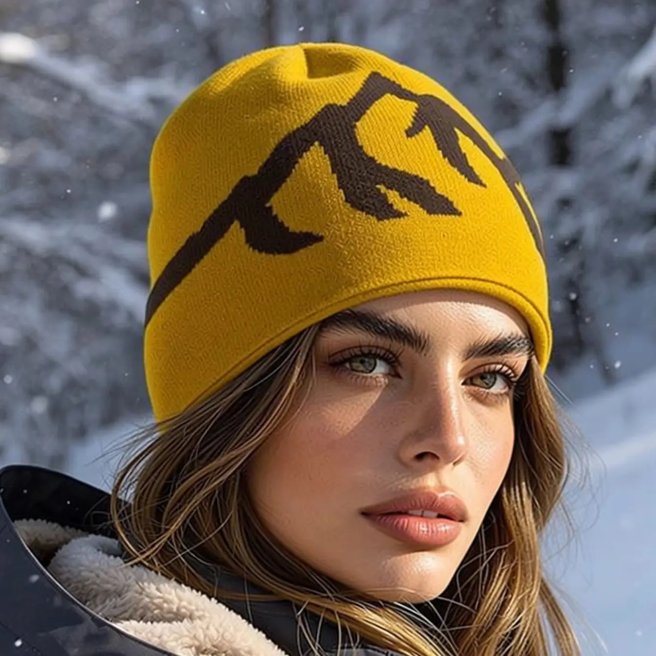 Retro Mountain Pattern Hooded Knitted Beanie, Warm Cold‑Weather Hat Cap for Autumn Winter Outdoor Daily Casual Use