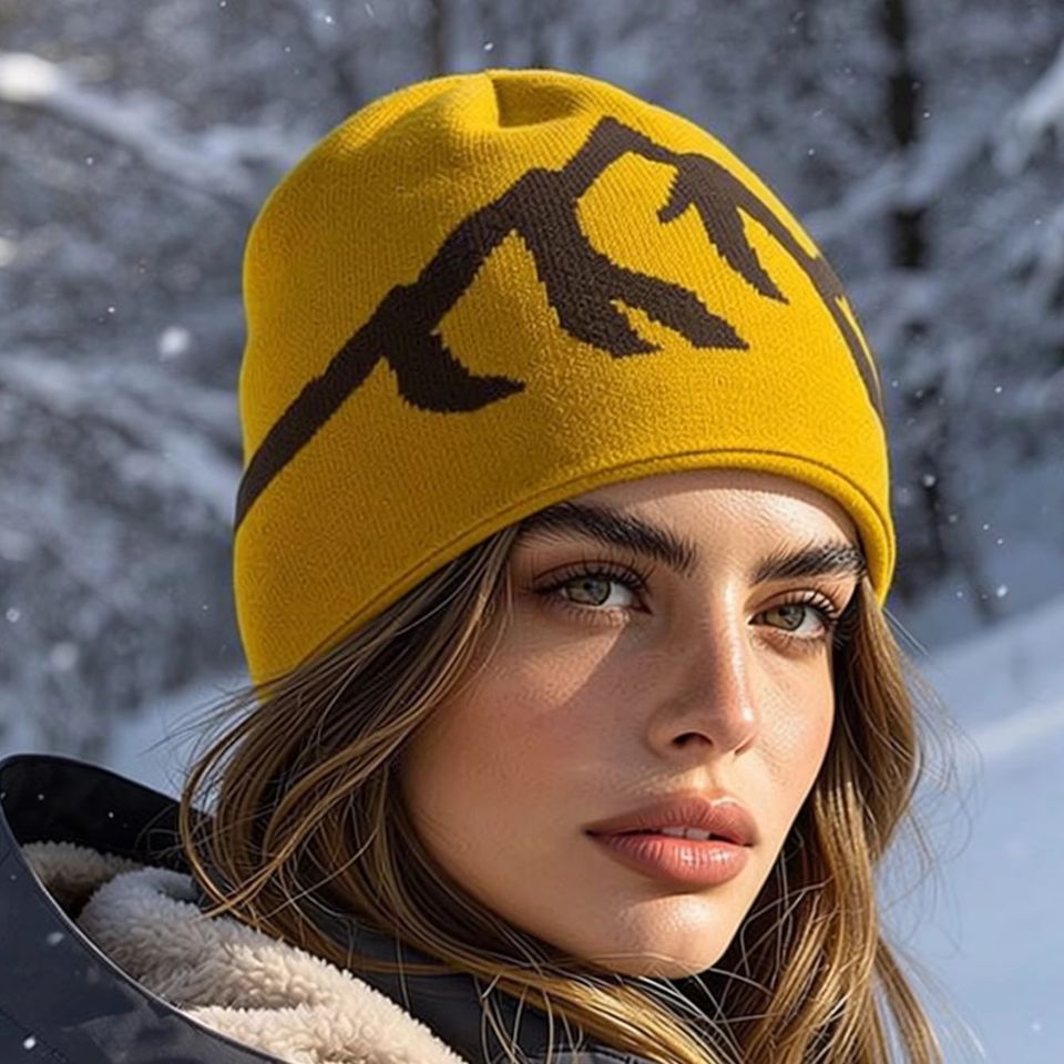  Retro Mountain Pattern Hooded Knitted Beanie, Warm Cold‑Weather Hat Cap for Autumn Winter Outdoor Daily Casual Use
