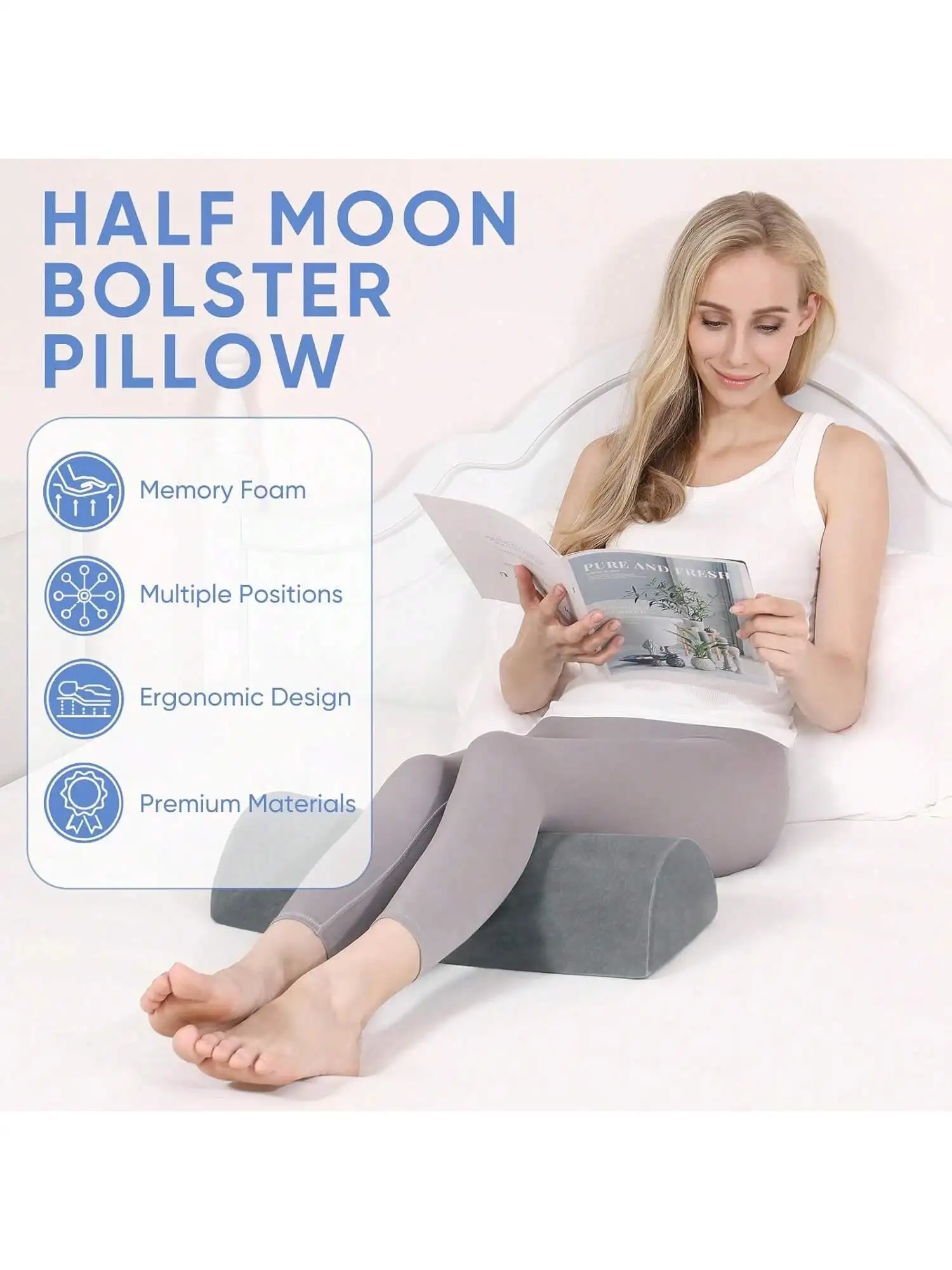 Pillow for Back Sleeping Memory Foam Leg Pillow for Side Sleeping Bolster Pillow for Legs Elevation Half Moon Leg Elevation Pill