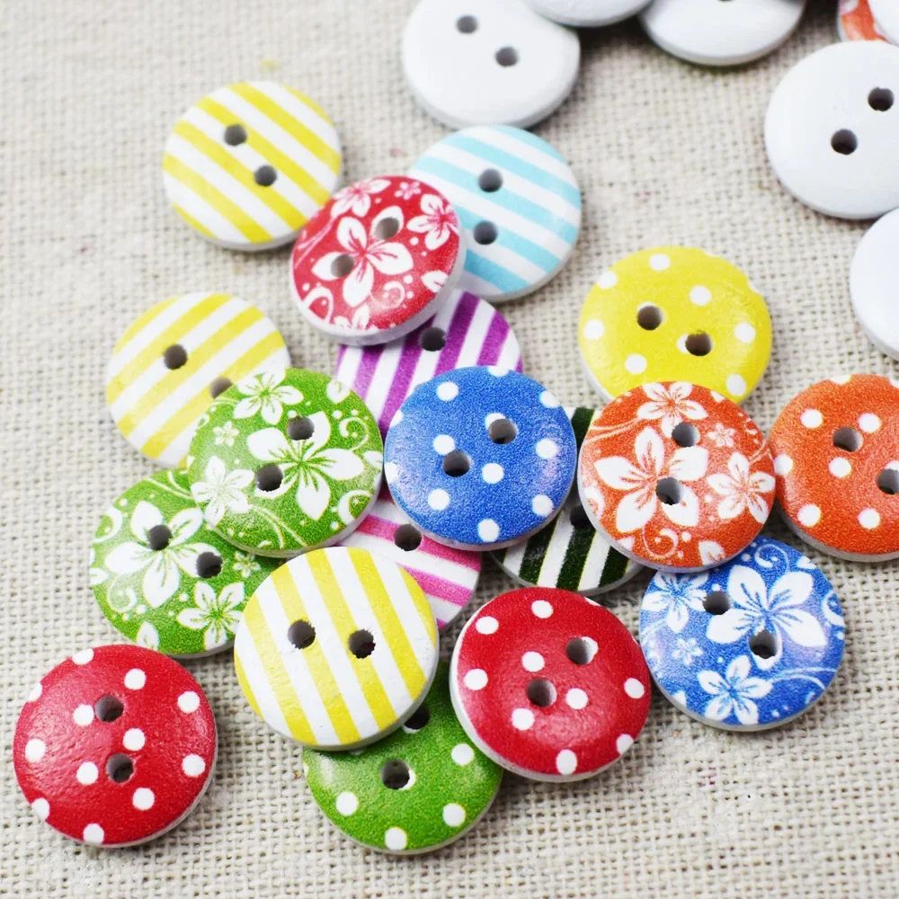 50PCS Flower Round Wood Button Handmade Round Wooden Buttons with 2 Holes 15MM for Sewing Craft Accessories