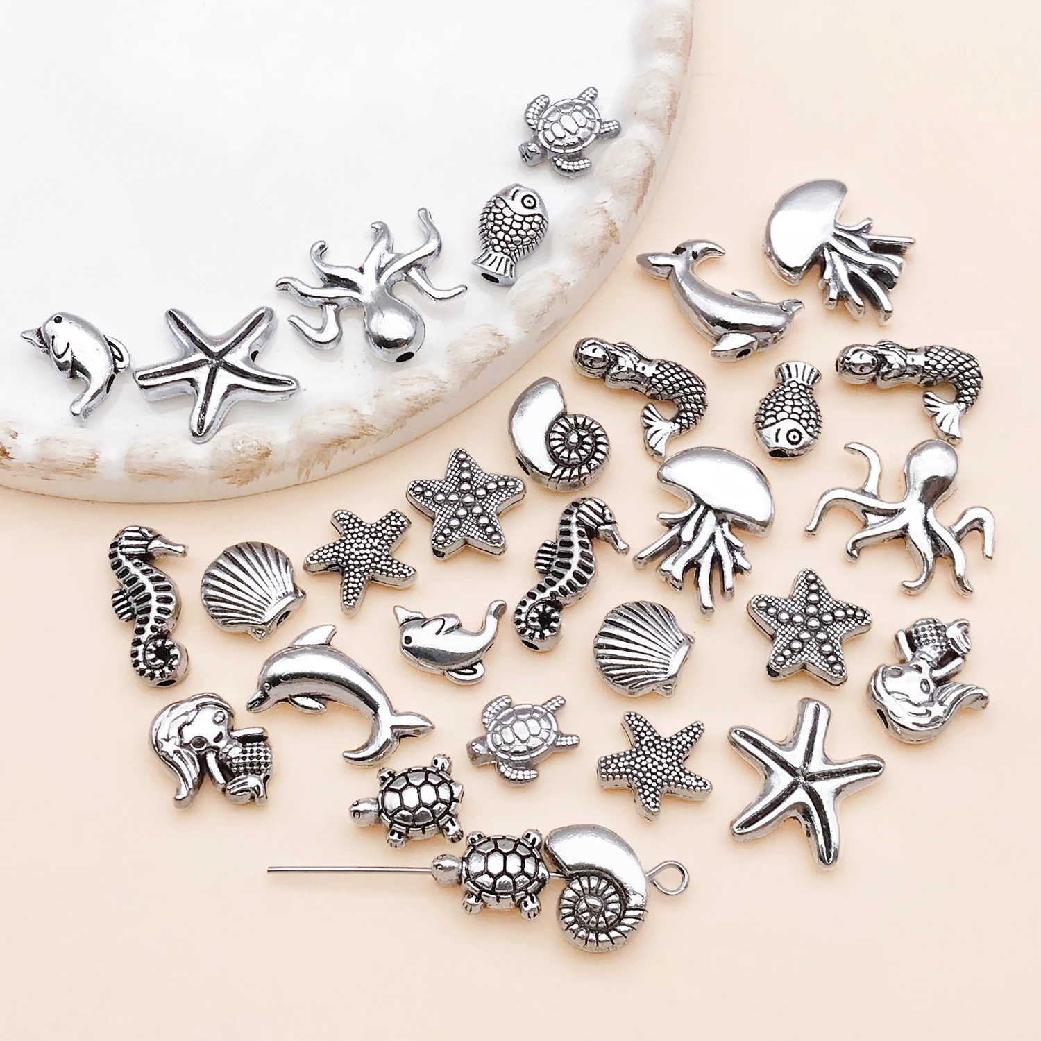 30pcs/lot Alloy Ancient Silvery Ocean Series Interval Beads Making DIY Keychain Earrings Charms for Jewelry Bracelets Necklace image 2