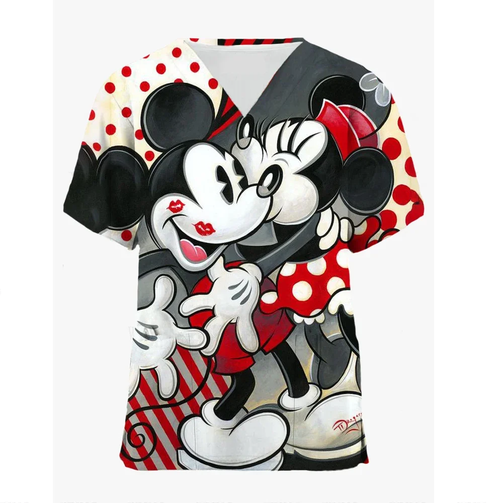 

Miniso Women Nursing Clothing Disney Minnie Mickey Print Nursing Scrubs T-Shirt Tops Casual Short Sleeve V-neck Pocket Uniform