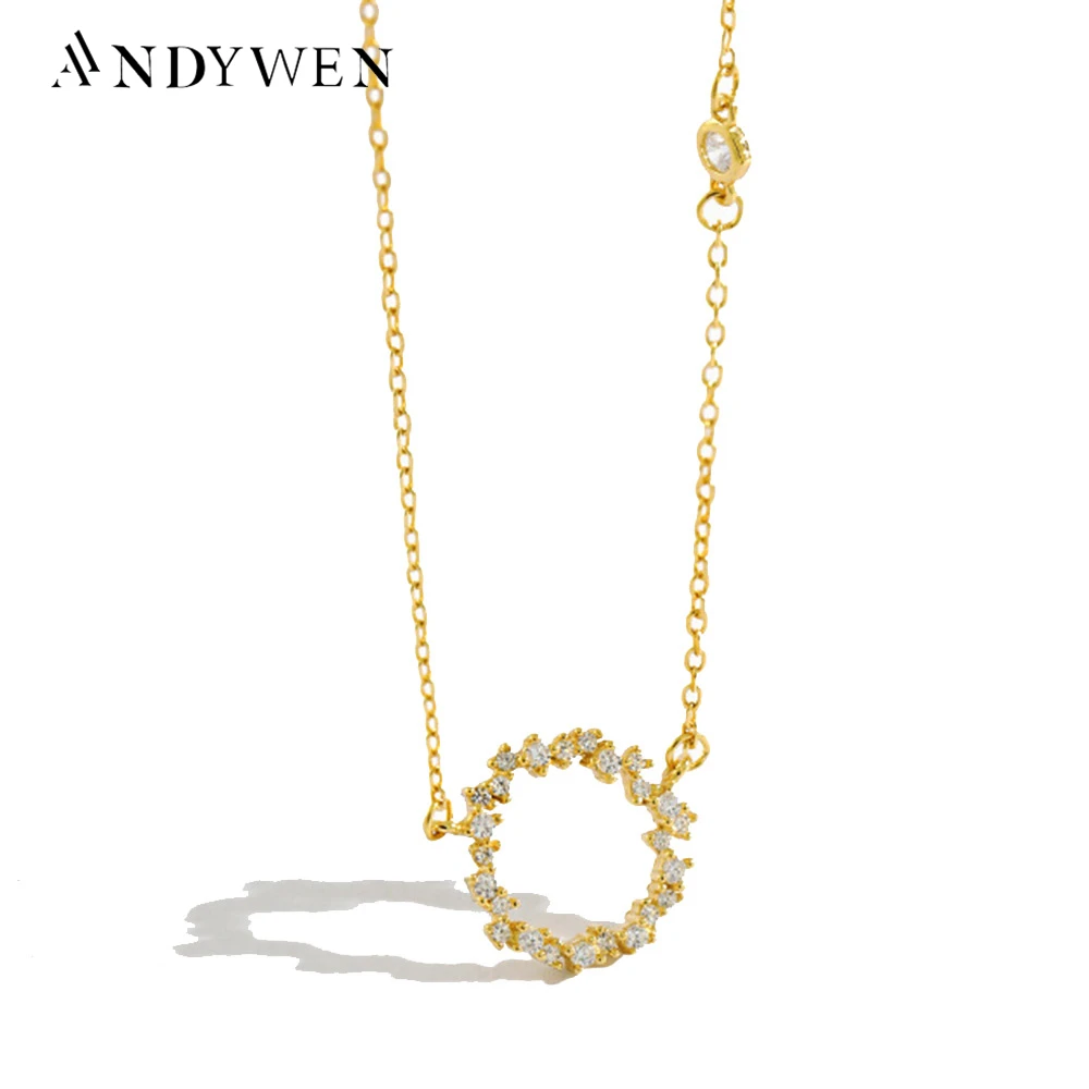 ANDYWEN 925 Sterling Silver Gold Circle Round Pendant Zircon Pave Long Chain Necklace Wedding Gift Fashion Jewelry For Women