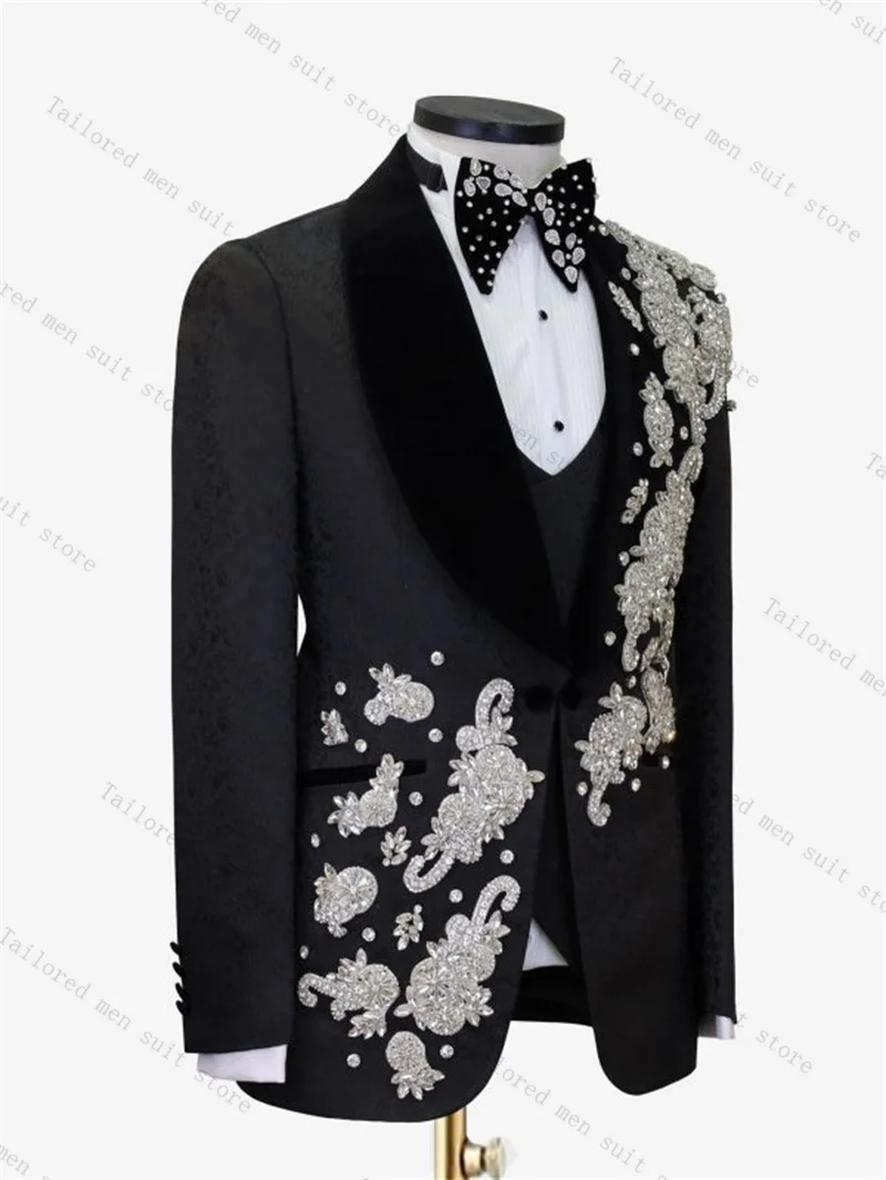 Crystals Men Suit Set 2 Pieces Jacquard Blazer+Cotton Pant Formal Office Male Jacket Prom Coat Trousers Groom Wedding Tuxedos