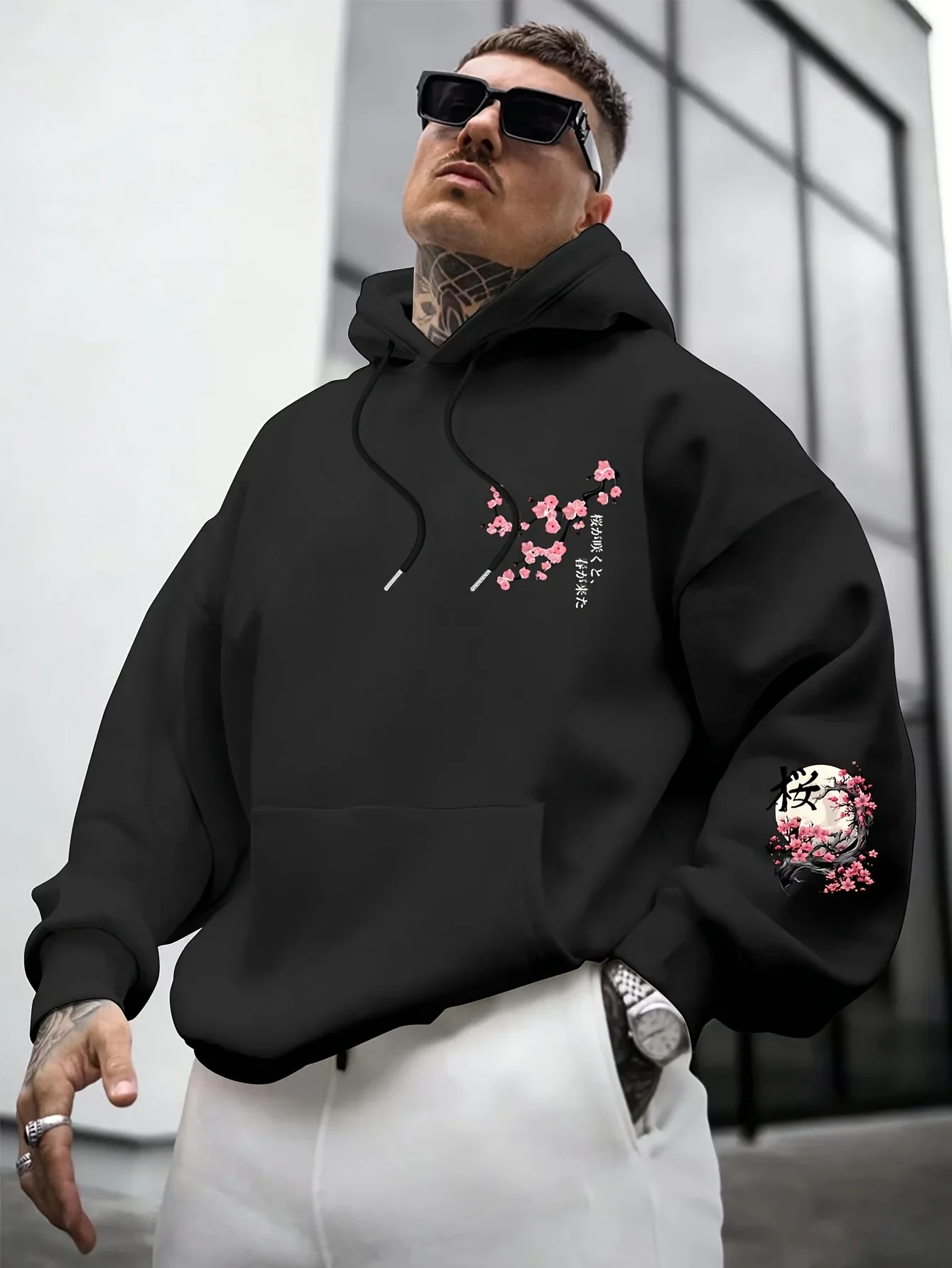 Men Vintage Hoodie Autumn Traditional Japanese Dragon Sakura Moon Frame Back Print Loose Asian Streetwear Pullover Sweatshirt