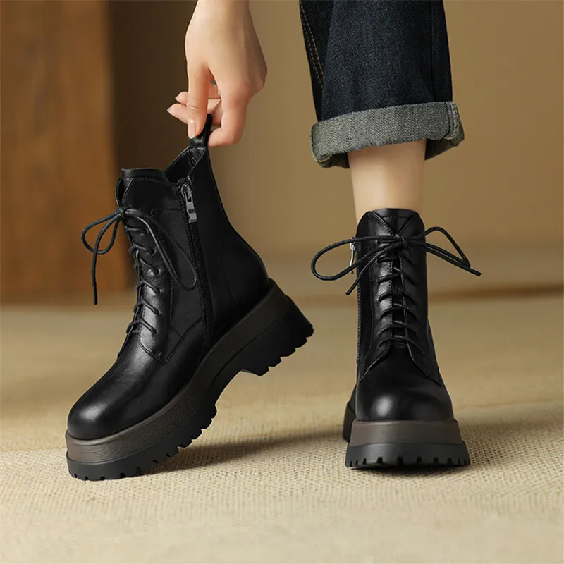 New Autumn/winter Women Boot Split Leather Lace Round Toe Shoes Fashion Boots Short Boots for Women Handmade Platform High Heels