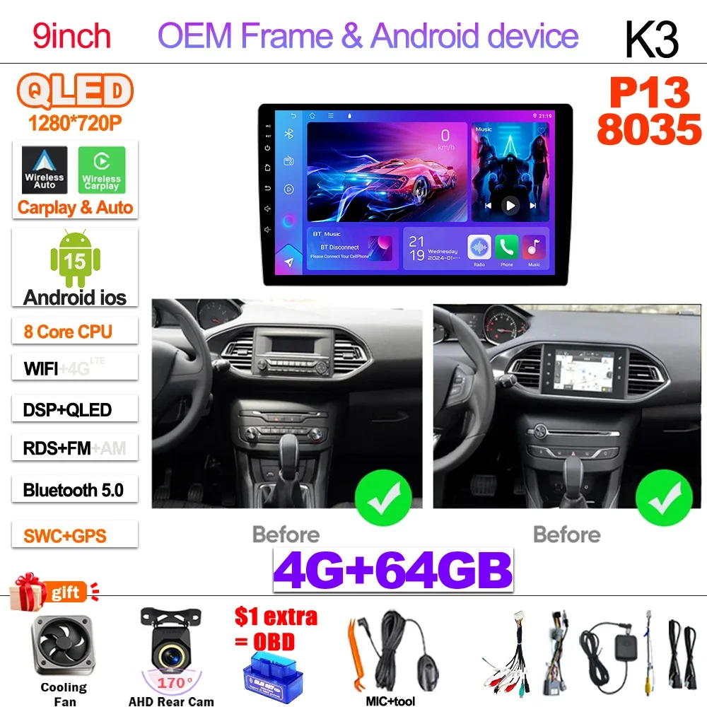 Android 15 Autoradio Voor Peugeot 308 T9 308S 2013-2017 Multimedia Video Player Navigatie WIFI Geen 2din DVD Touchscreen GPS 4G