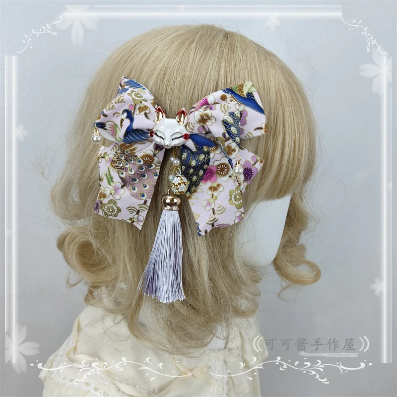 Original Handmade Bow Lolita Japanese Style Fox Sakura Tassels Side Clip Japanese Girl Chinese Style Handmade Accessories