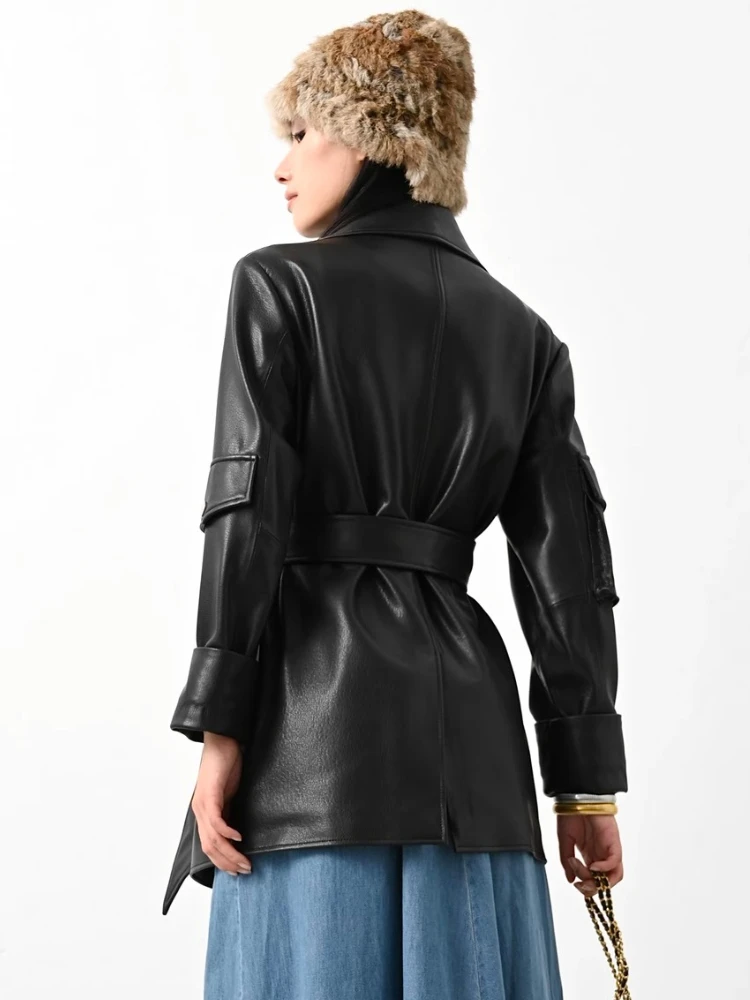 Mid-length Genuine Leather Motorcycle Jackets Women Spring Autumn 2025 New High-end Simple Soft Black Belted Real Sheepskin Coat