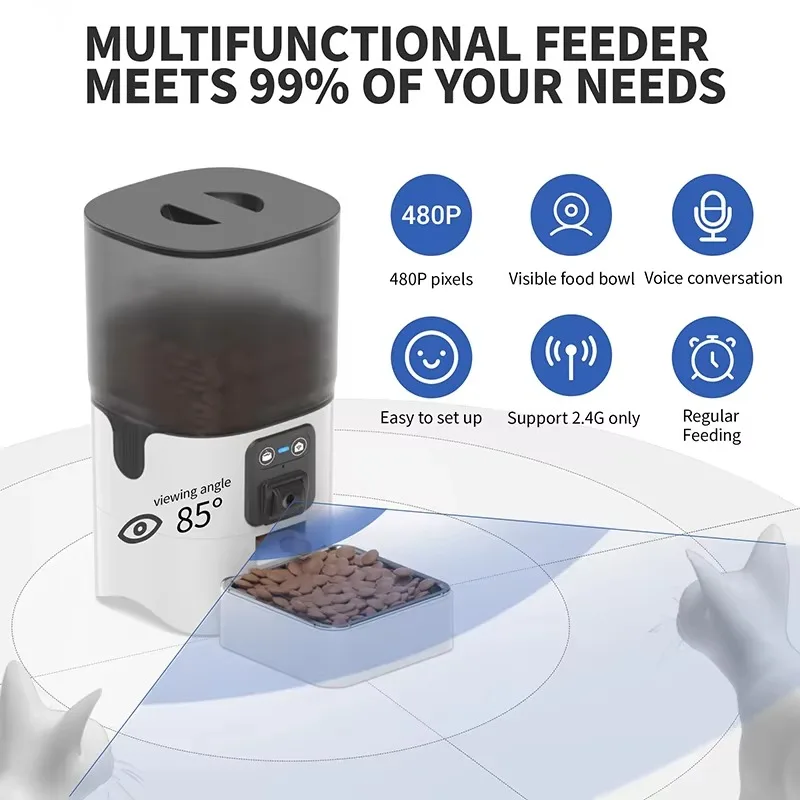 Automatic Cat Feeder Adjustable Angle Two-Way Audio 2.4G WiFi APP Pet Feeder with Camera Easy to Clean Timed 1-10 Meals Per Day