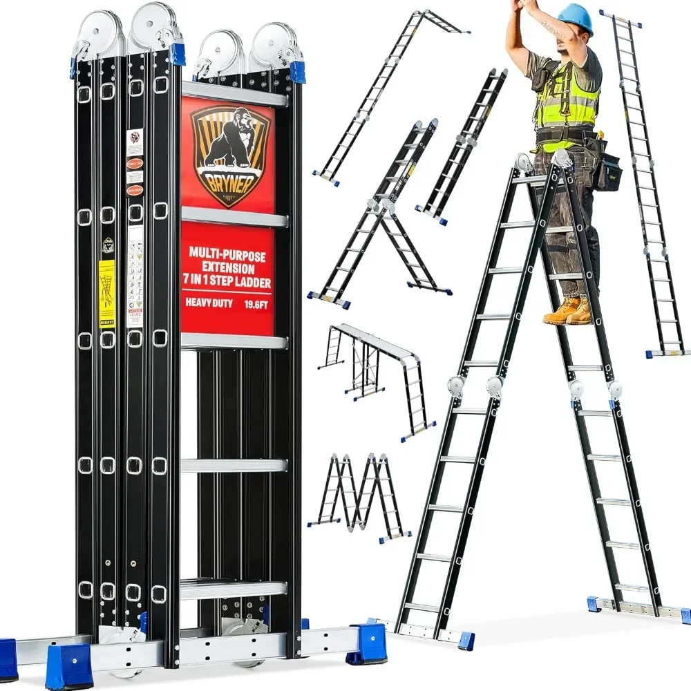 Folding Step Ladder, 19.6ft , 7 in 1 Multi-Purpose Folding Adjustable Telescoping Aluminium Extension Ladders, 530lbs