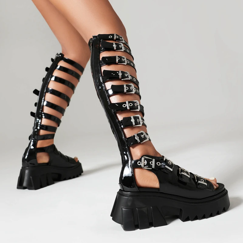 Punk Gothic Knee High Gladiator Sandals Women Shoes Zipper Hollow Rock Style Thick Platform Buckle Strap Roman Wedges Size 35-43