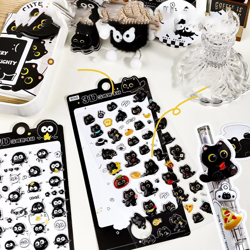 1PC Cute Black Cat + Coal Ball Elf Theme 3D Embossed Sticker for DIY Scrapbook Phone Case Decoration Gift Craft Supplies image 5