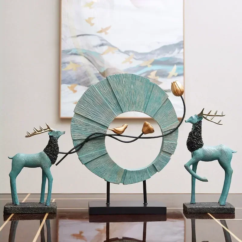 Chinese Creative Resin Deer Bird Round Shape Ornament Home Furnishing Decoration Crafts Livingroom Office Cafe Desktop Figurines