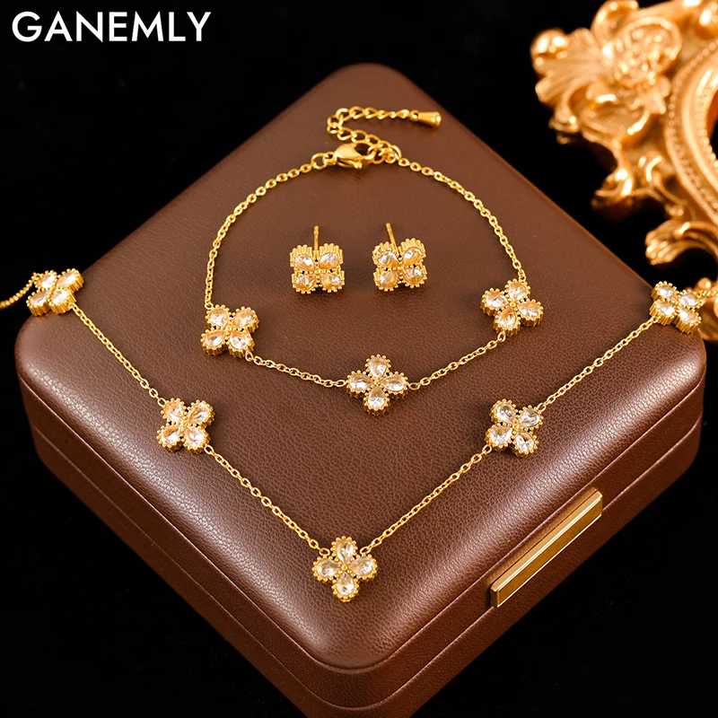 

GANEMLY Stainless Steel Sparkling White Zircon Flower Necklace Bracelet Earrings Set For Women Trendy Waterproof Jewelry Gift