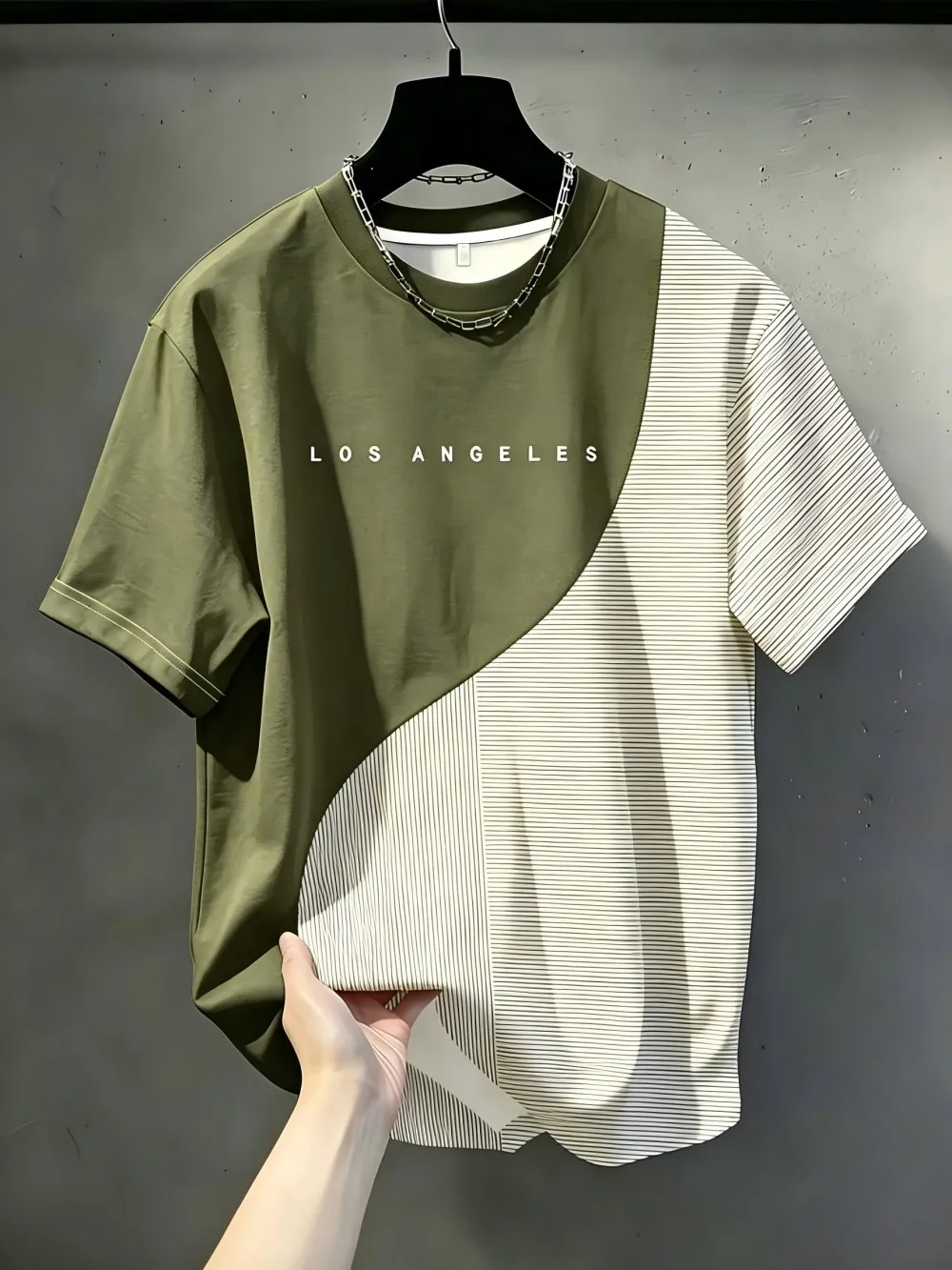 Hot Selling New Men's Summer Los Angeles Letter Splicing Striped Print Soft and Breathable Round Neck T-Shirt Outdoor Sports Top