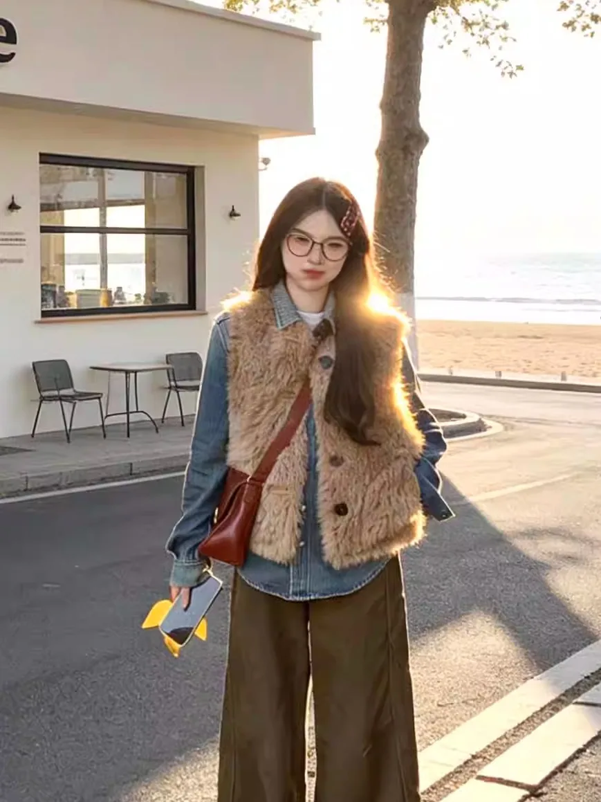 

Retro Versatile Loose Fit Lamb Fur Svel Vest Women's Autumn Winter New Sle Aosphere Sensation Trendy oulder Bared...