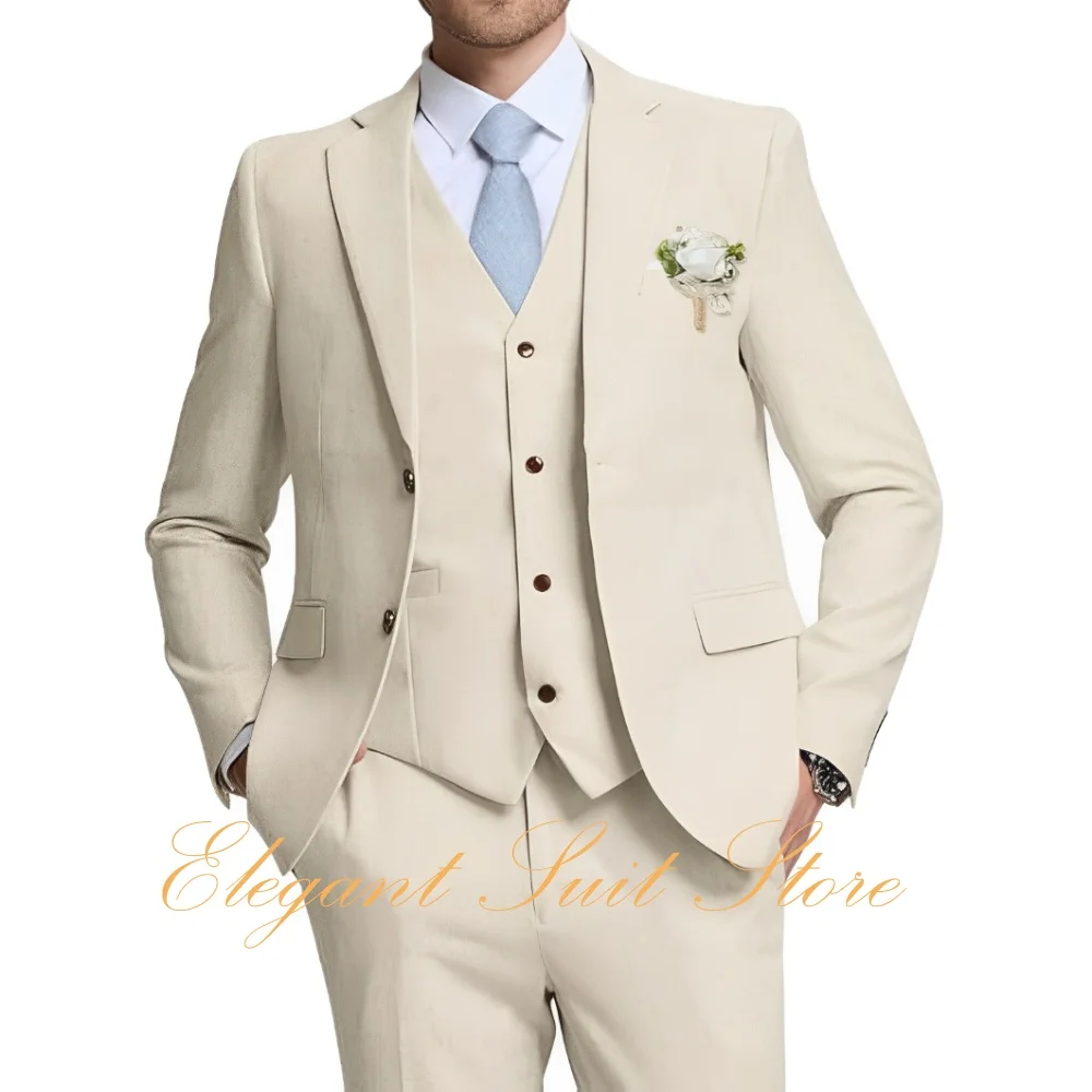 

Men's Suits Retro Linen Suit for Men Casual Wedding Suit for Men Slim Fit 3 Pieces Jacket Blazer Vest Pant Groom Tuxedo