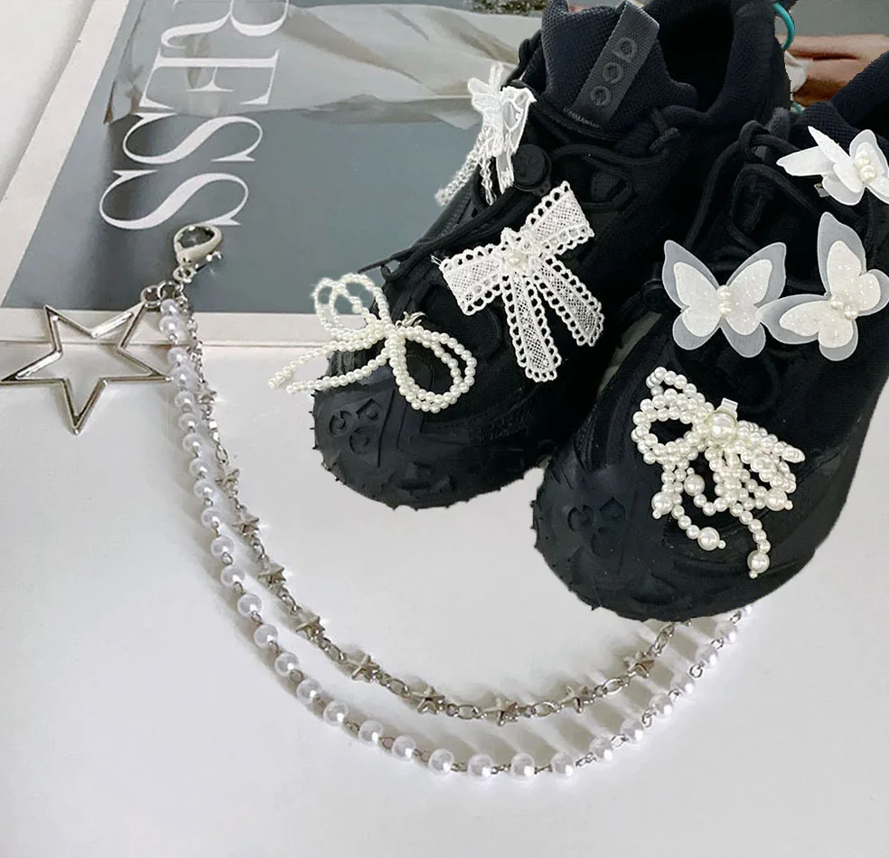 Fashion Shoe Decoration Clips Lace Bow Sneakers Charms Personality Shoe Buckles Metal Shoe Chains For Women Sneakers Accessories