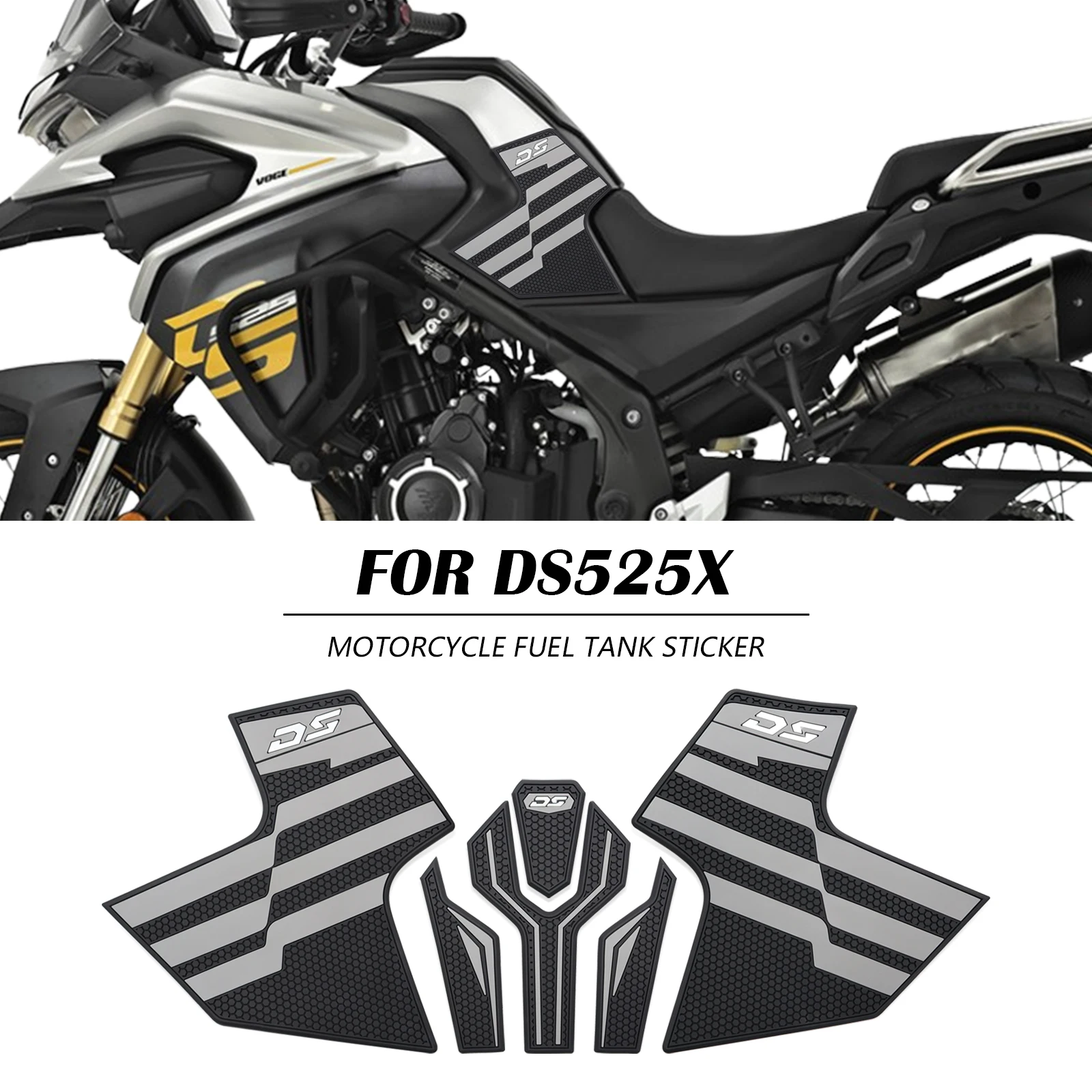 

Для мотоцикла DS525X 2023-2025: Противоскользящие наклейки на боковые части топливного бака, накладки для улучшения сцепления с баком, боковые наклейки на топливный бак.