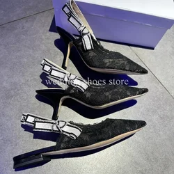 Black Lace Embroidered Knitted Strap High Heels Sexy Bowknot Ankle Strap Women Pointy Low Heels Summer Wedding Single Shoes