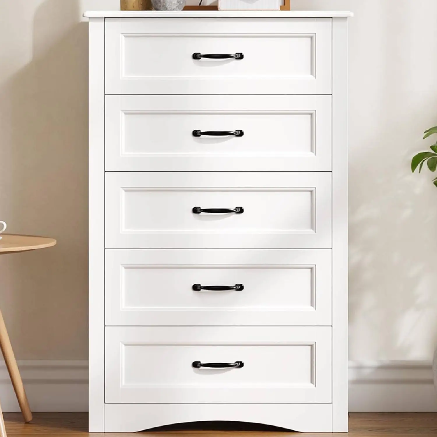 Five Drawer Dresser, Vertical Wooden Chest Of Drawers Organizer, Large Capacity Storage Cabinet Unit With Metal Handles For Bedroom Living Room Hallway Office, Modern Minimalist White, 1 Piece