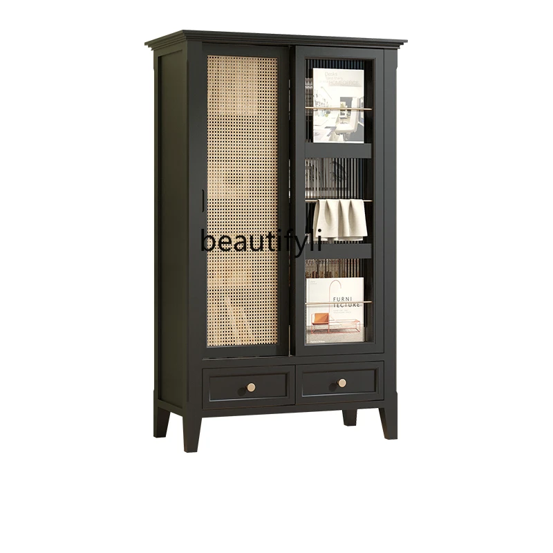 

yj Combined Bookcase Retro Classic Black Side Cabinet Curio Cabinet Rattan Sundries Cabinet Sliding Door Display Cabinet