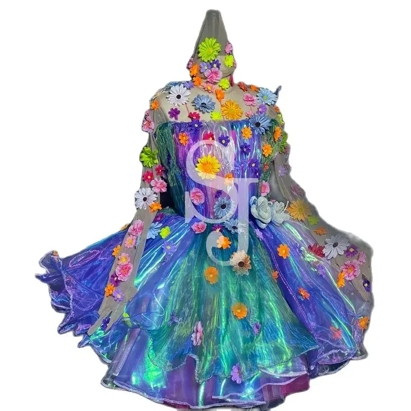 여성 파티 댄스 드레스 다채로운 레이저 드레스 섹시 폴 댄스 꽃 바디 슈트 축제 복장 무대 공연 Clubwear XS6466