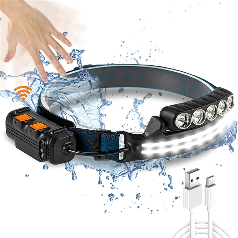ABZV-Lámpara de luz de cabeza superbrillante de alto lumen con sensor de movimiento y luz roja, LED de casco impermeable de 3 + 3 modos para adultos
