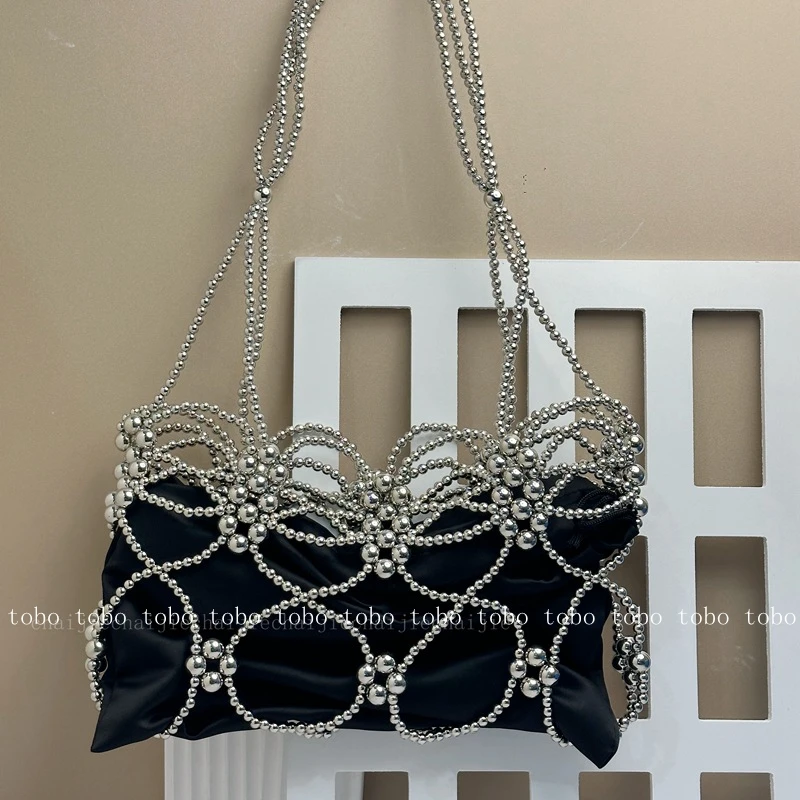 Hot Sale Summer New Cool Girls Underarm Bags Homemade Vintage Grid Hollowing Out Silver Big Beaded Handbags with Inner