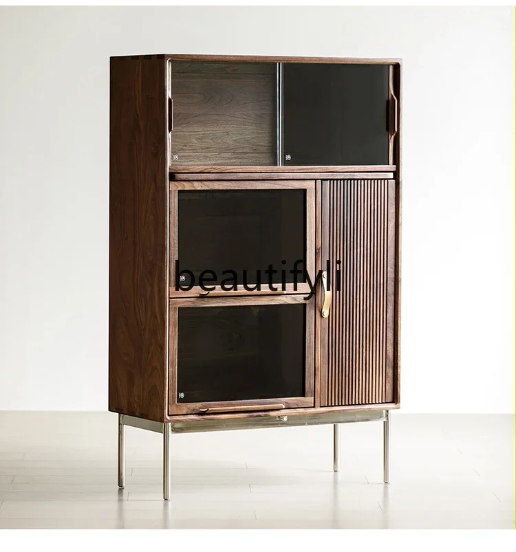 

Black walnut solid wood wine cabinet glass display cabinet 2024 new