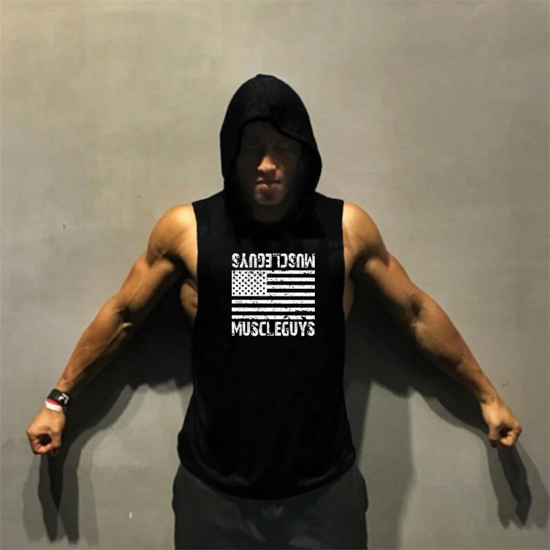 

Running Vest American flag Print Bodybuilding Sleeveless Hoodies Men Sporting Fitness hooded Tank Top Men Gym Clothing Hoody