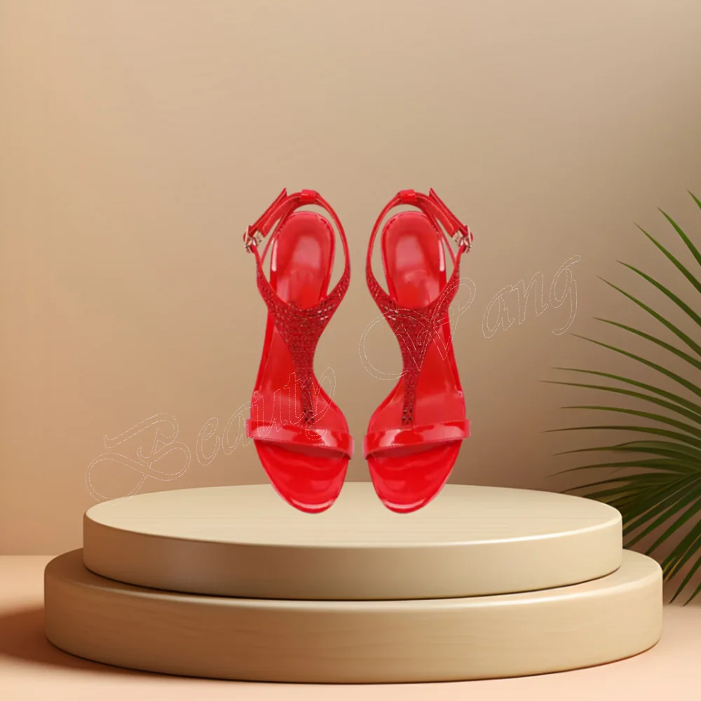 Red Crystal Decor T Strap Sandals Solid Ankle Buckle Round Toe Spike High Heel Shoes for Women High Heel 2024 Zapatillas Mujer