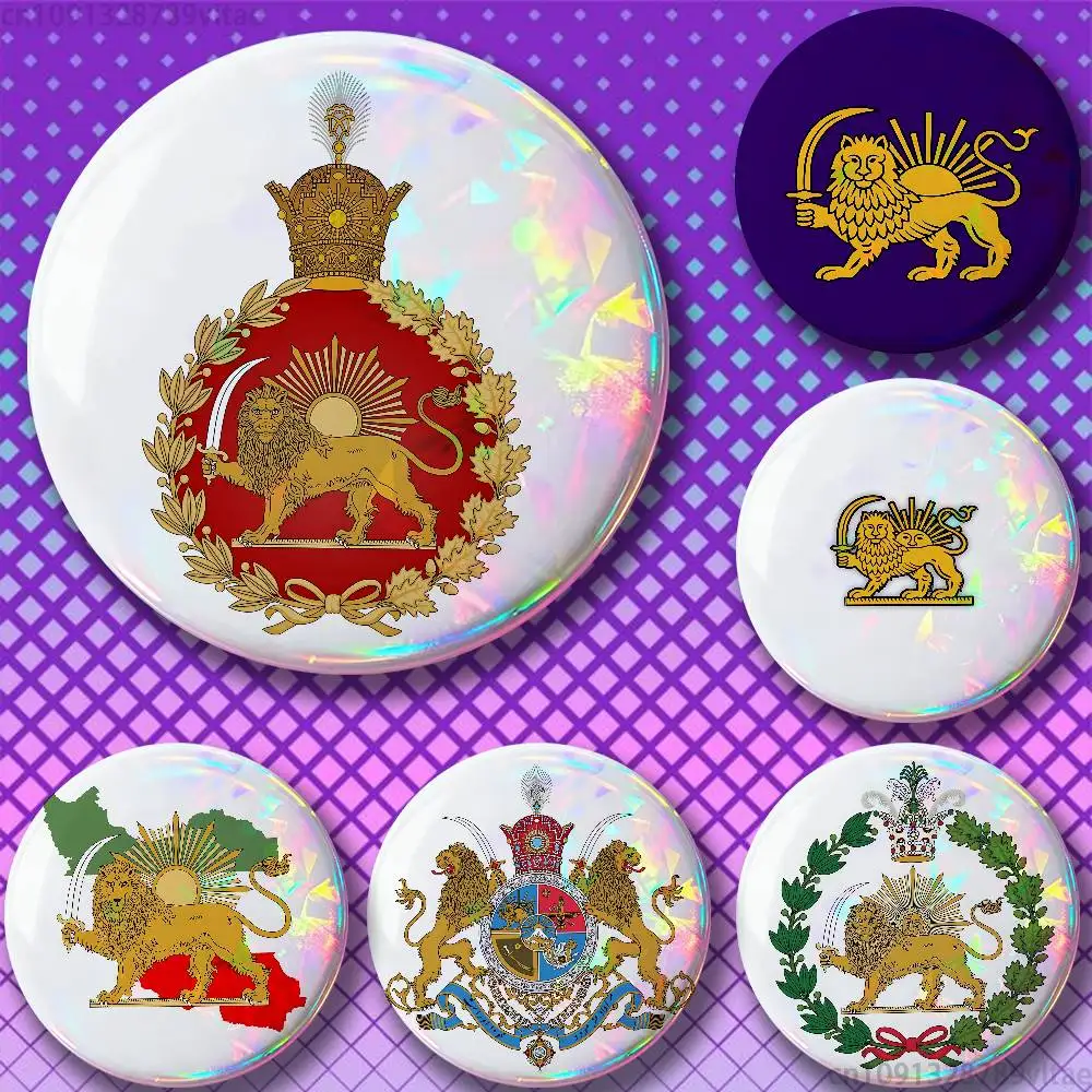 

Imperial Coat of Arms of Iran national emblem Tinplate Enamel Pins Creativity Printed Pictures Text Metal Lapel Badges Brooches