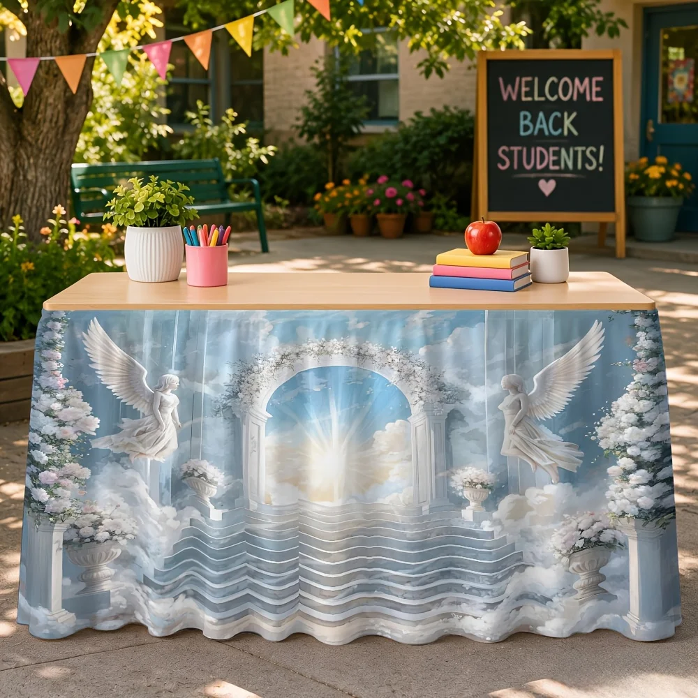 1-Pack, Beautiful Angel Arch Printed Tablecloth Table Skirt, for Indoor Birthday Pie Decoration