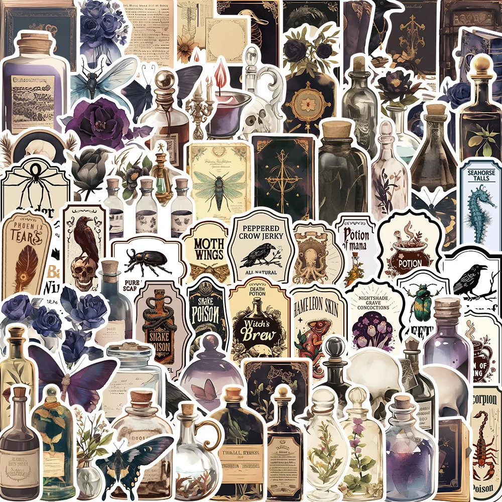 50/100Pcs Retro Horror Decals Dark Gothic Vintage Potion Bottle Labels Stickers for Suitcase Scrapbooking Laptop