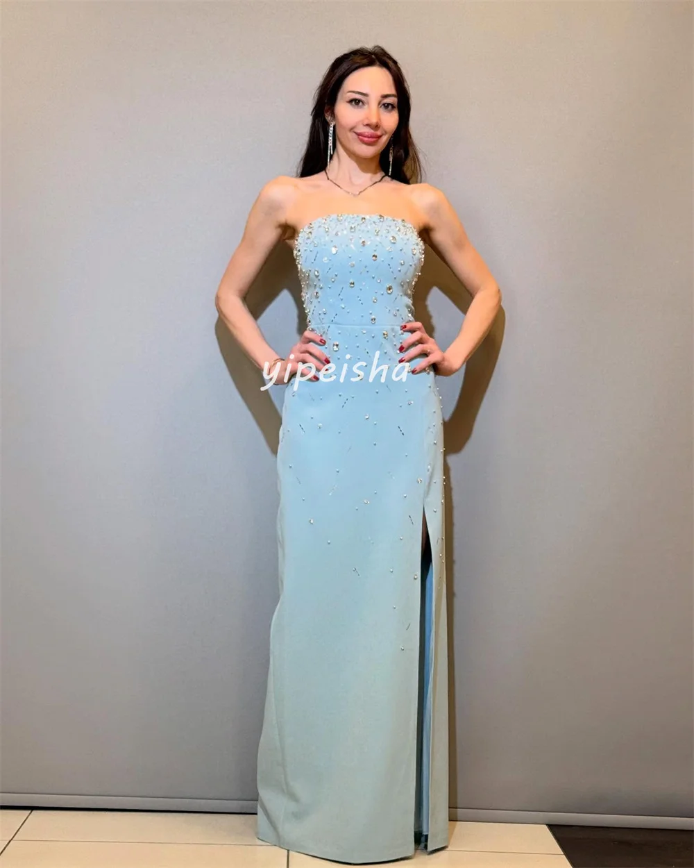 Customized Matching Intricate Jersey Beading Sequined Rhinestone Straight Strapless Long Dresses Bespoke Occasion Dresses Retro
