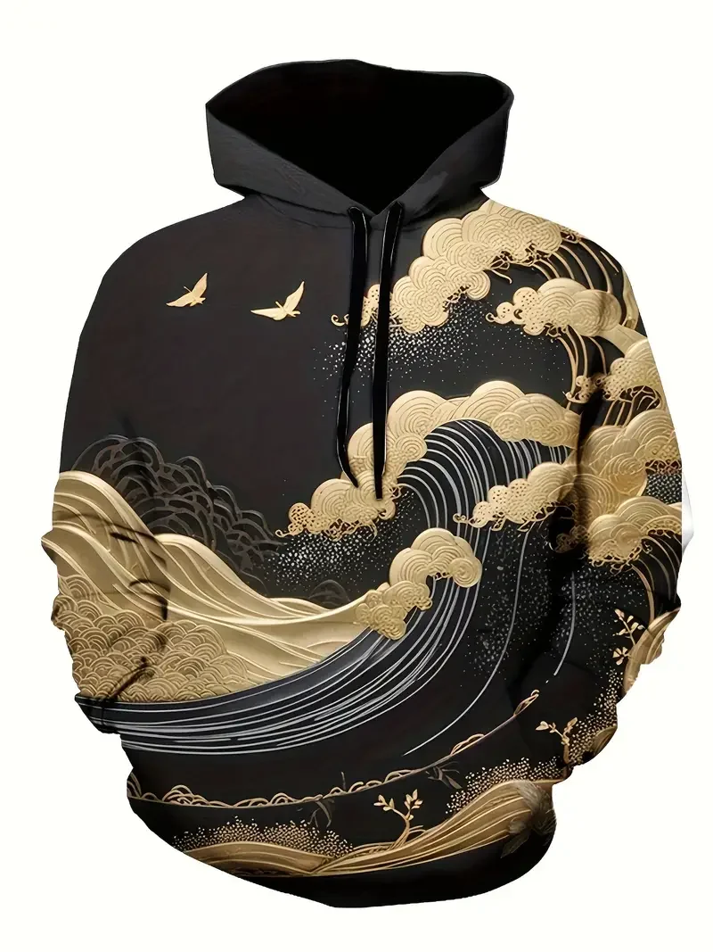 2024 Fashion 3D Printed Wave Pattern Men's Hoodie Fashion Design Y2k Hoodie Long Sleeve Top Simple Harajuku Hoodie For Men