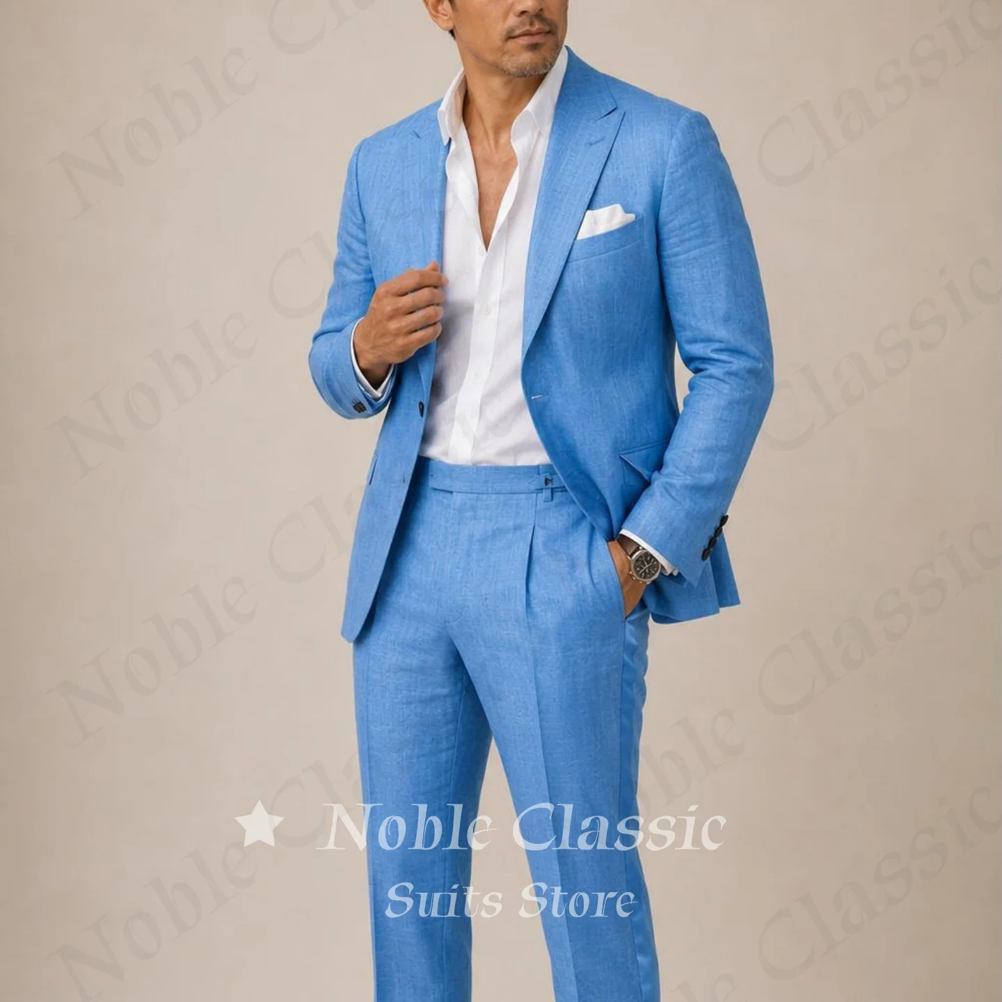 Men Lightweight Breathable Linen 2 Piece Suit Light Sky Blue Casual Summer Blazer Pleated Straight Pants Outfit Daily Customized