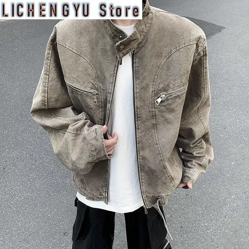 

Retro High Street and Versatile Motorcycle Style AmericanStand Collar Mens Denim Spring Autumn Cleanfit Harlington Trendy Jacket