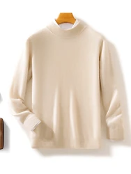 Jersey de cuello simulado para hombre, suéter informal inteligente de lana merina de punto, estilo básico, Tops de punto suaves y cálidos, otoño e invierno, nuevo, 100%