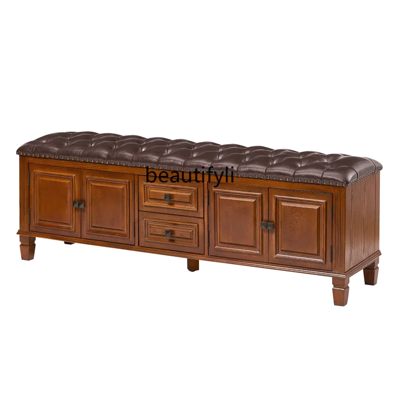 

American-Style Solid Wood Shoe Changing Stool Shoe Cabinet Household Hallway Storage Seated Home Footstool