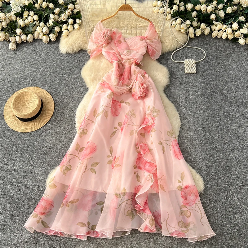 

Летнее платье во французском стиле с объемным цветком и рюшами по краям, женское новое модное элегантное праздничное платье C418