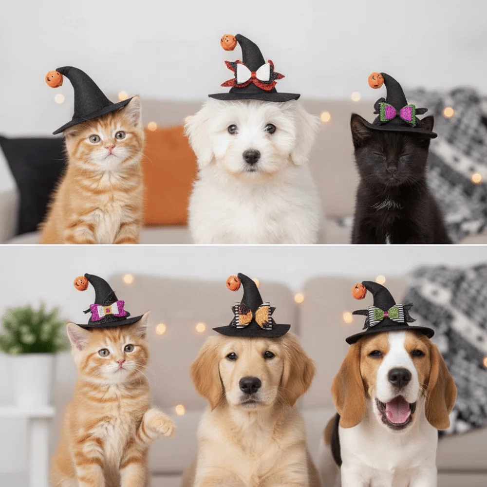 Curved Top Pet Witch Hat Sequin Bowknot With Bell Cat Wizard Cap Pumpkin Ornament Pointed Brim Dog Halloween Headwear