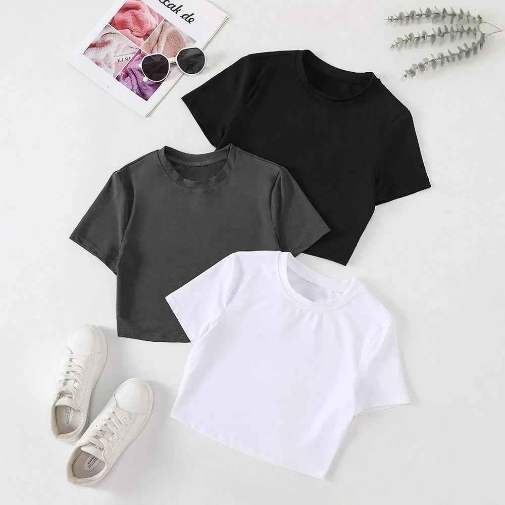 

T-Shirts Summer Simple Decent Solid Color Short Sleeve Round Neck Regular Casual Three-Piece Suit T-Shirts For Women