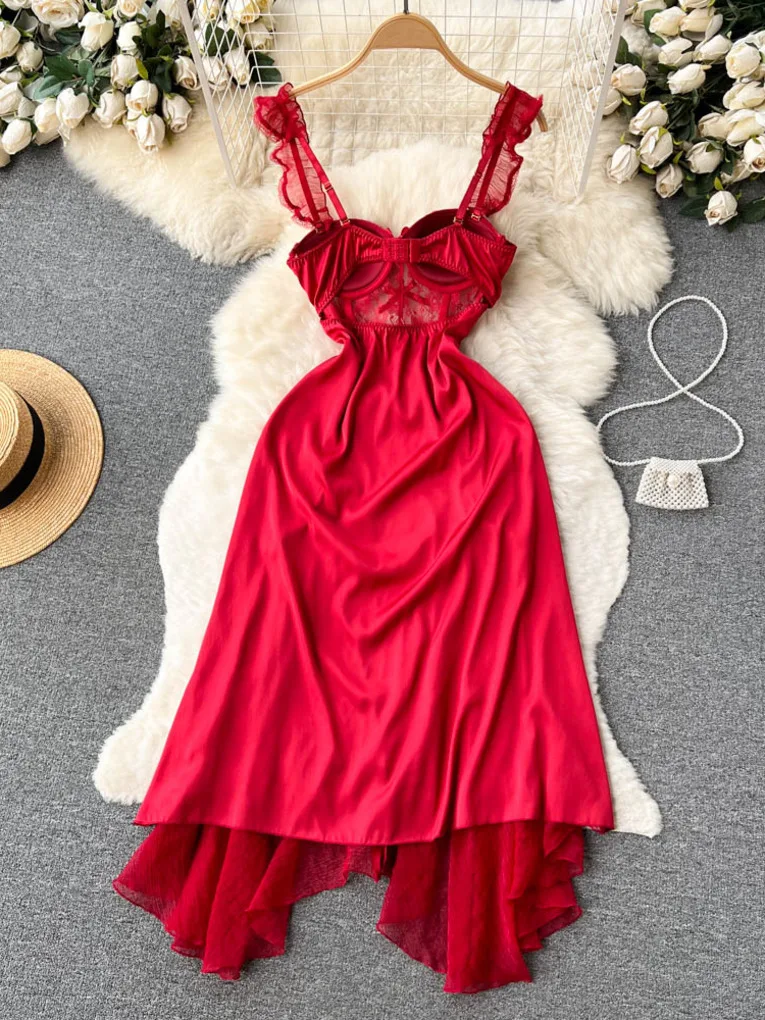 Foamlina Sexy Women Summer Dress Sweet Spaghetti Strap See Through Floral Lace Patchwork High Waist A-line Evening Party Dress